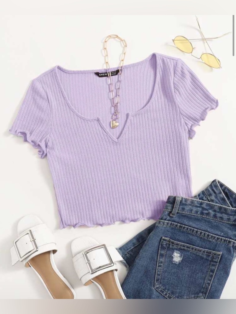 Large Women’s Lavender Ribbed V-Notch Lettuce-Hem Crop Top, Like New Shein